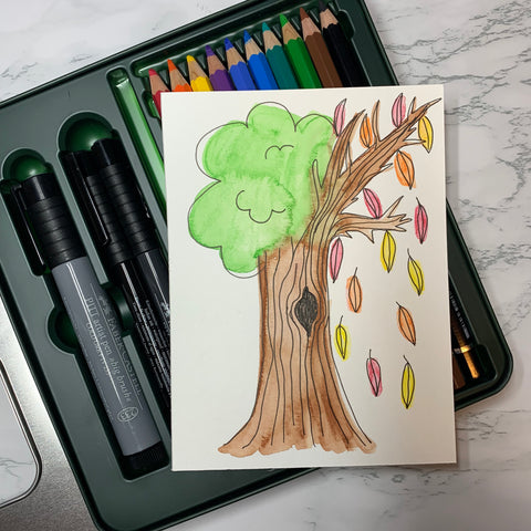 Tree Drawn with Watercolor Pencils and Pitt Artist Pen