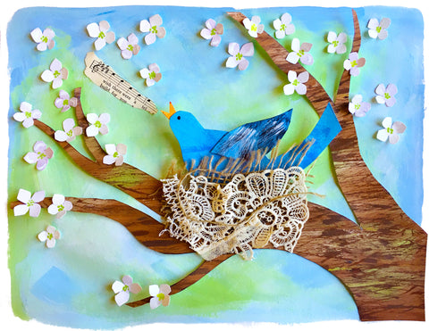 World of Birds art with blue bird in a nest in a tree with flowers and berries