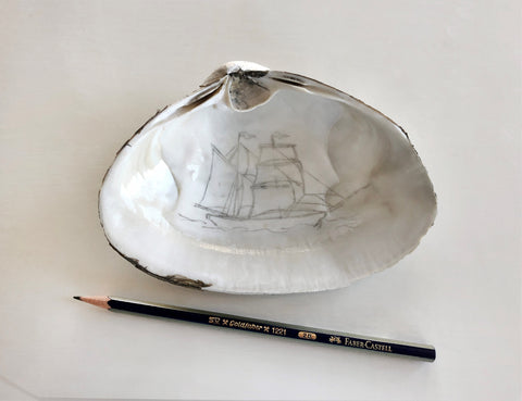 Sea Shell with Ship Drawing