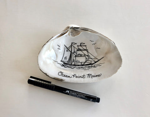 Sea Shell with Ship Drawing and Pitt Artist Pen
