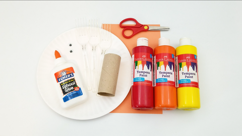 Craft supplies: glue, toilet paper tube, paper plate, construction paper, and three Tempera paints