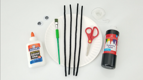 Craft Supplies - Glue Paper Plate, wiggle eyes, chenile stems, scissors, tempera paint, and tape
