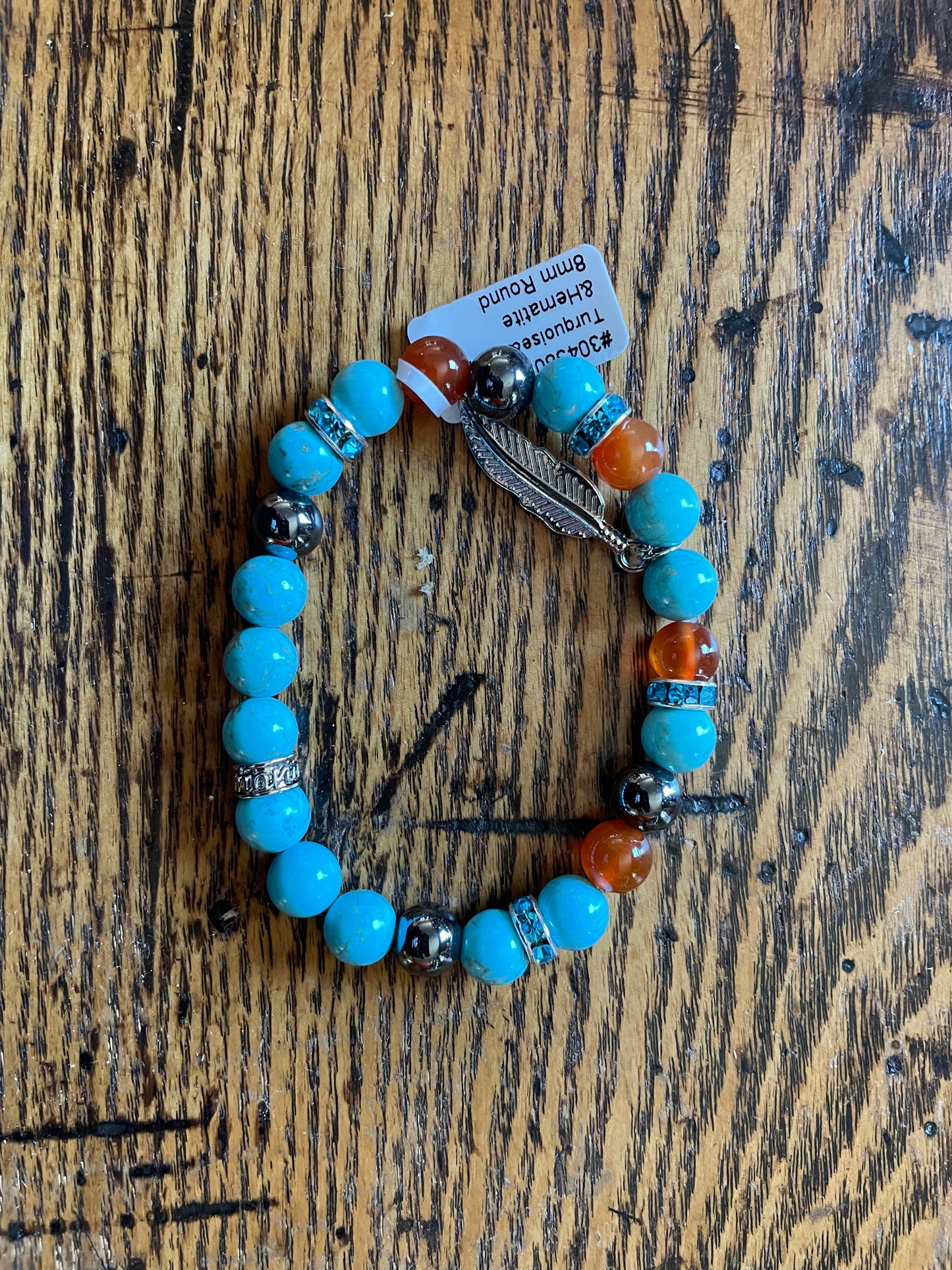 8mm Turquoise Bracelet with Feather
