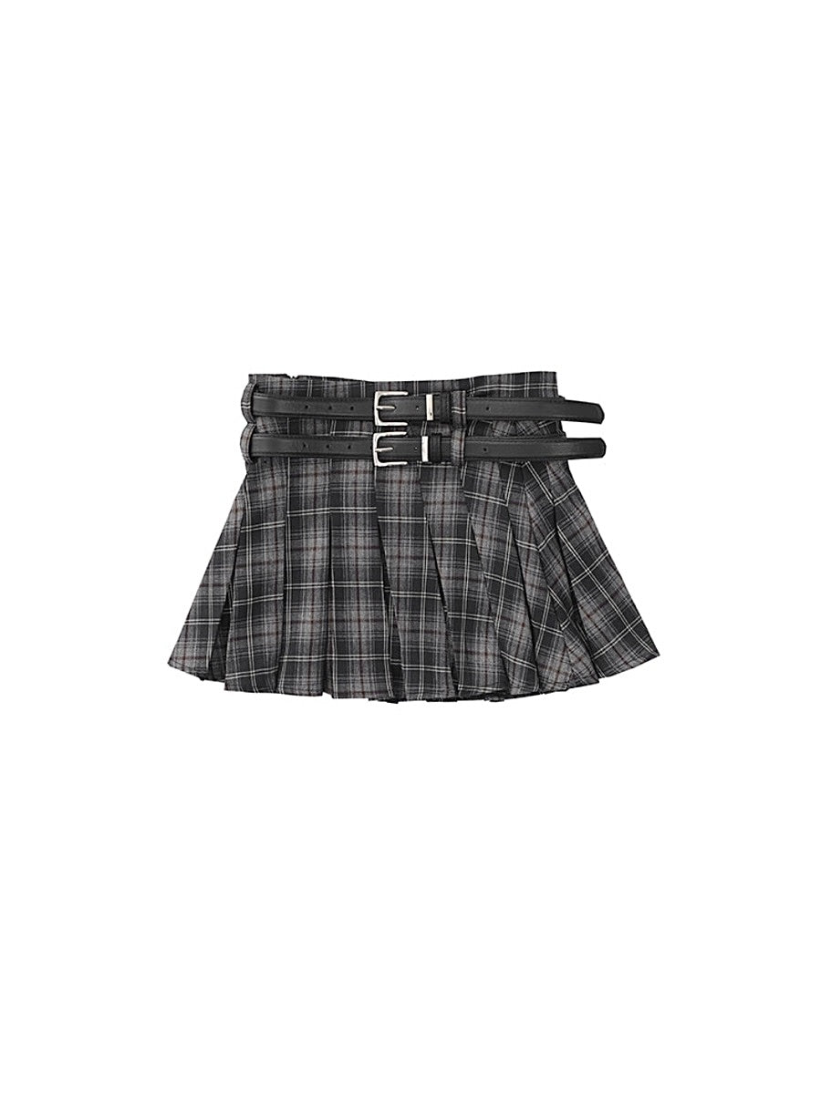 American Retro Sweetheart Pleated Plaid Double Belt A-Line Skirts-ntbhshop