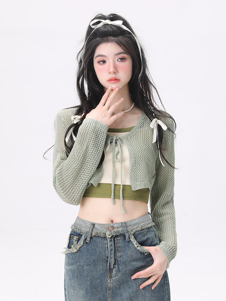 Y2K Style Spring New Green Hollow Knit Cardigan Tops-ntbhshop