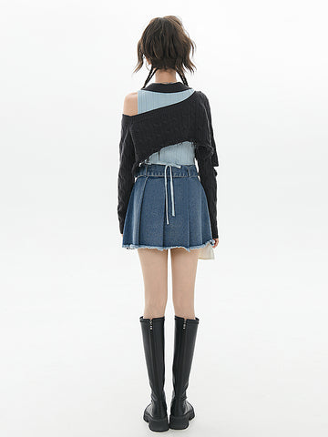 Cherry Girl Pleated Denim Skirt-Skirts-ntbhshop