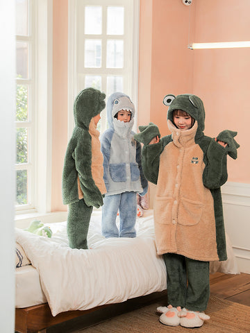 Shark Attack, Green Frog Fleece Pajamas-Sets-ntbhshop