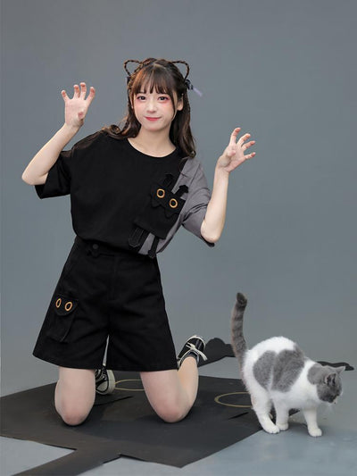Black Cat Tee & Shorts-Sets-ntbhshop