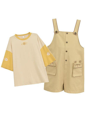 Cat & Fish Tee & Overall Shorts-Sets-ntbhshop