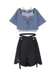 Blue Rose Crop Top & Shorts-Sets-ntbhshop