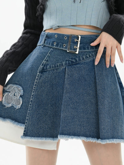 Cherry Girl Pleated Denim Skirt-Skirts-ntbhshop