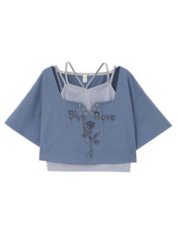 Blue Rose Crop Top & Shorts-Sets-ntbhshop