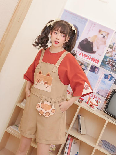 Orange Cat Tee & Overall Shorts-Outfit Sets-ntbhshop