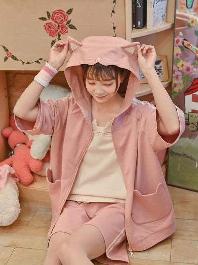 Pink Cat Jacket, Top & Shorts-Sets-ntbhshop