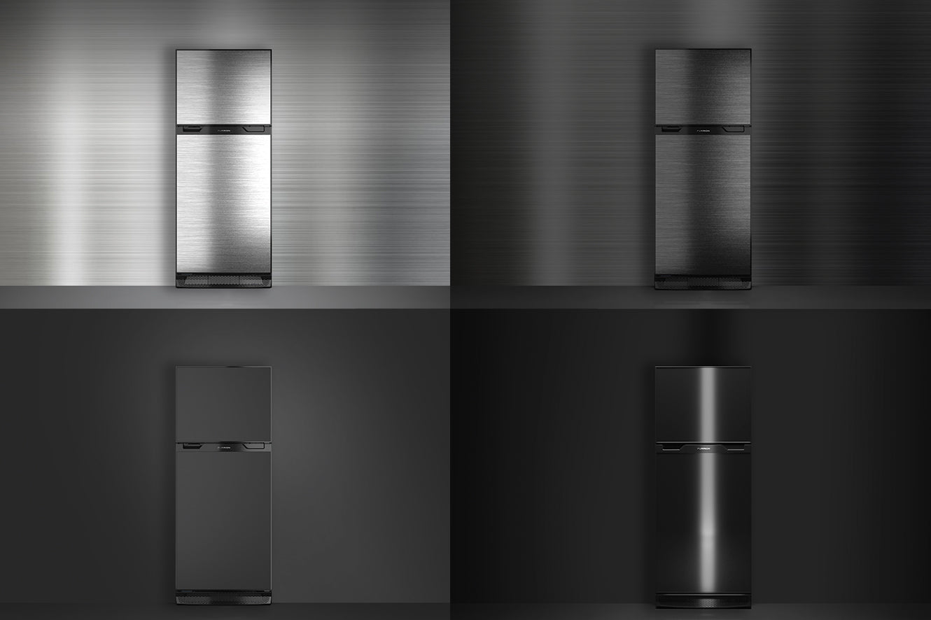 Furrion Arctic RV Refrigerator in four finishes - Stainless Steel, Black Steel, Matte Black and Black Gloss.