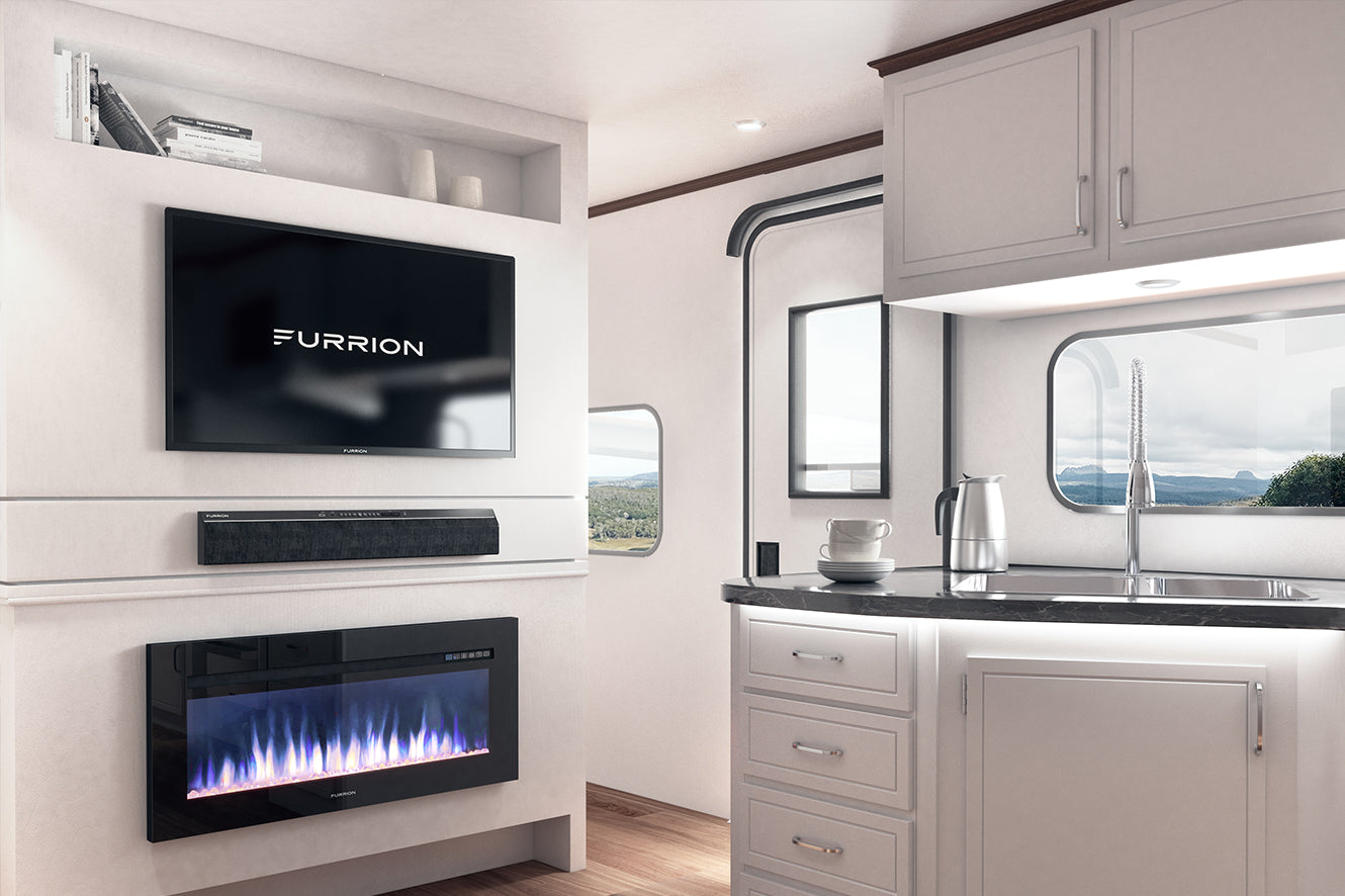 Furrion RV TV on a wall above a Furrion soundbar and fireplace