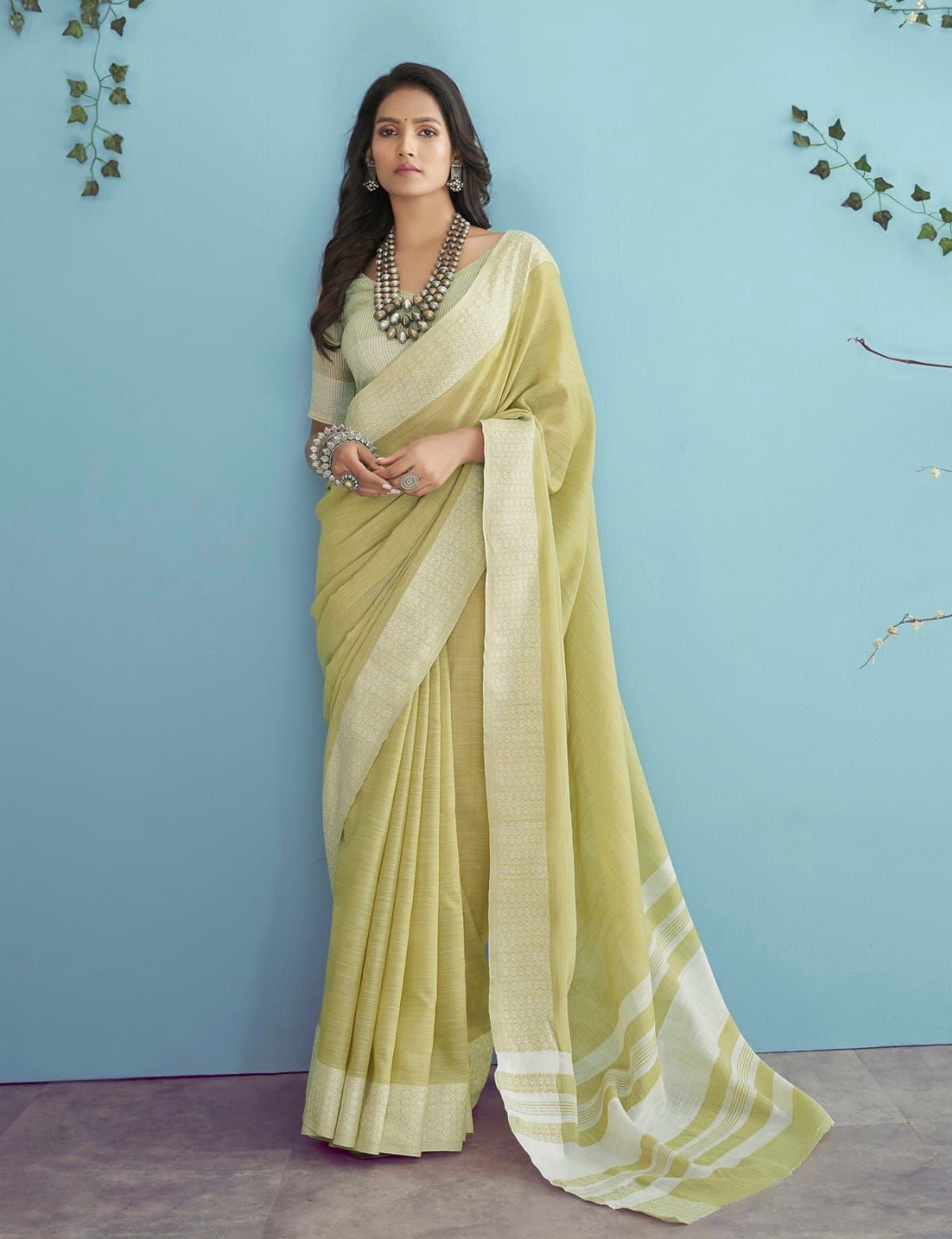 Green Linen Office Wear Saree – Panaash Saree