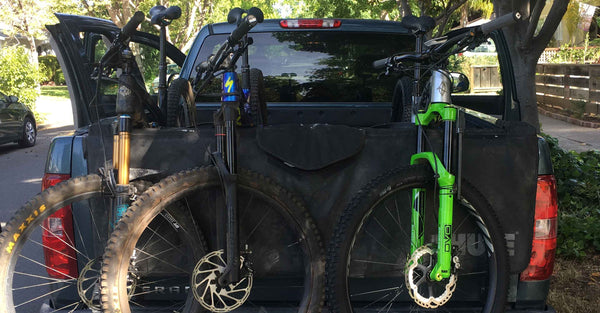 Mountain Bikes in the back of pick-up truck, testing Motion Instruments with Tyler Hansen