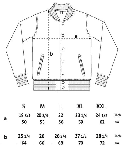 Rhetorik Organic Clothing Size Guide for Varsity Jackets for Mens / Womens / Unisex fashion