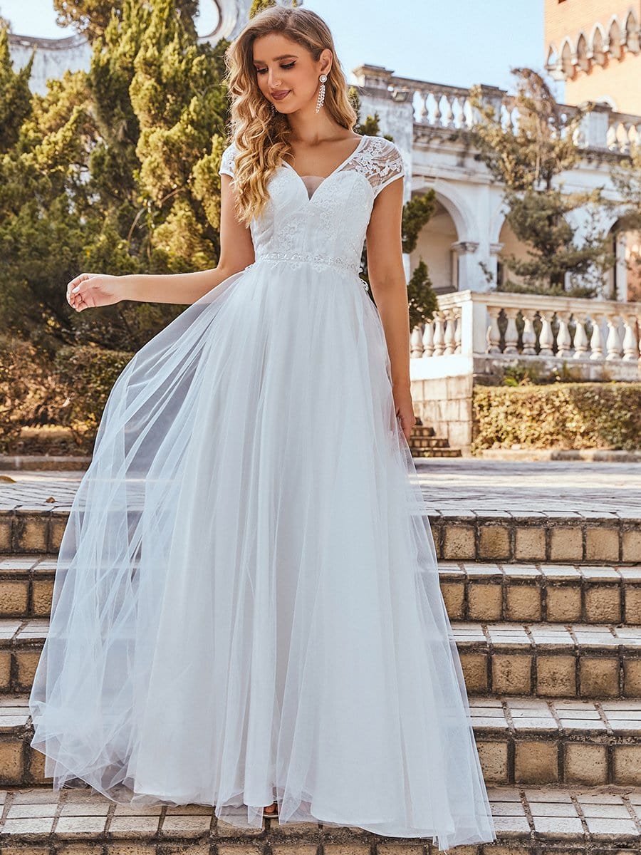 Outdoor Wedding Dress | Cap Sleeves Applique Bridal Gown - Ever-Pretty US