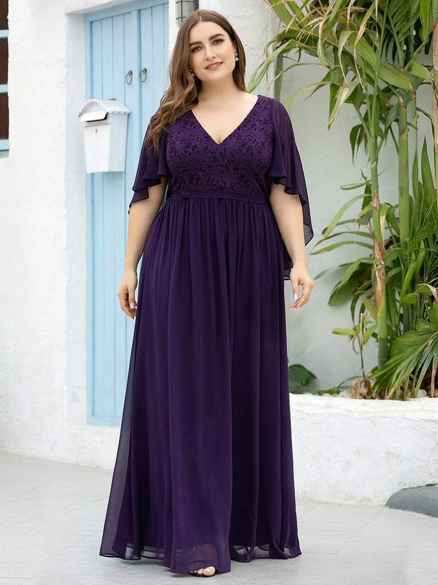Plus Size Lace Long Flowy Dress with V Neck - Ever-Pretty US