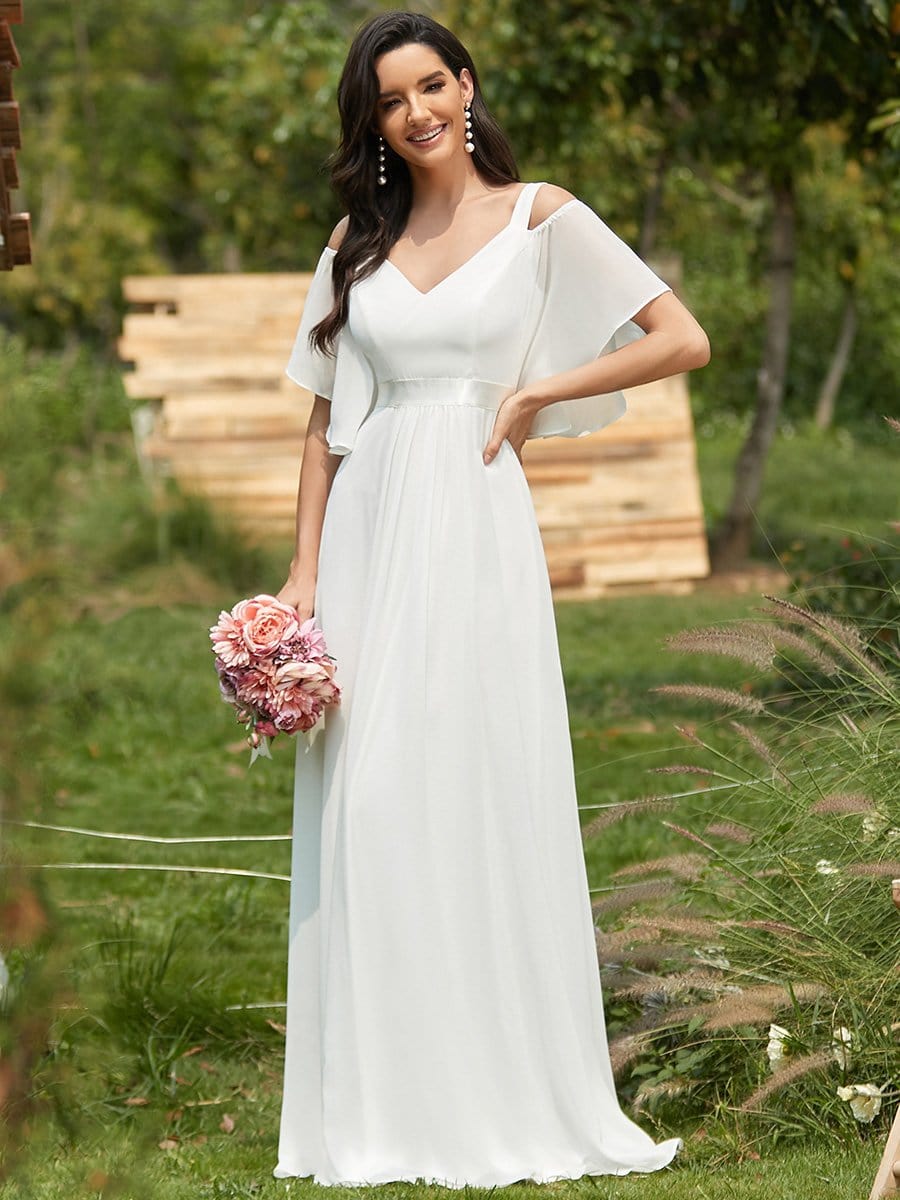Ruffle Sleeves Cold Shoulder Outdoor Wedding Dress - Ever-Pretty US