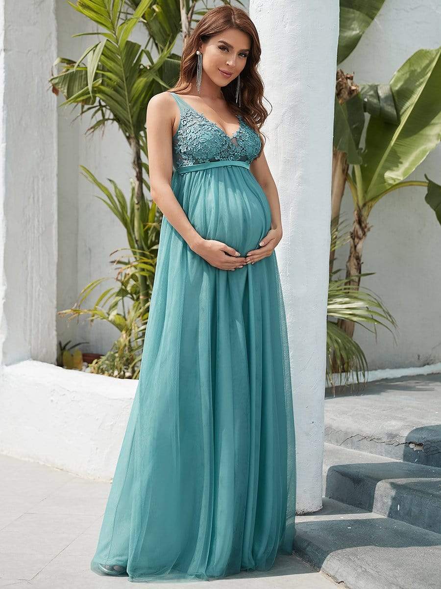 Y Lace Neckline Maternity Dress Lace Short Sleeve Maternity Maxi Dress for Baby Shower Maternity Photoshoot Casual 