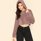 Minimalist Solid Drop Shoulder Crop Teddy Hoodie Sweatshirt