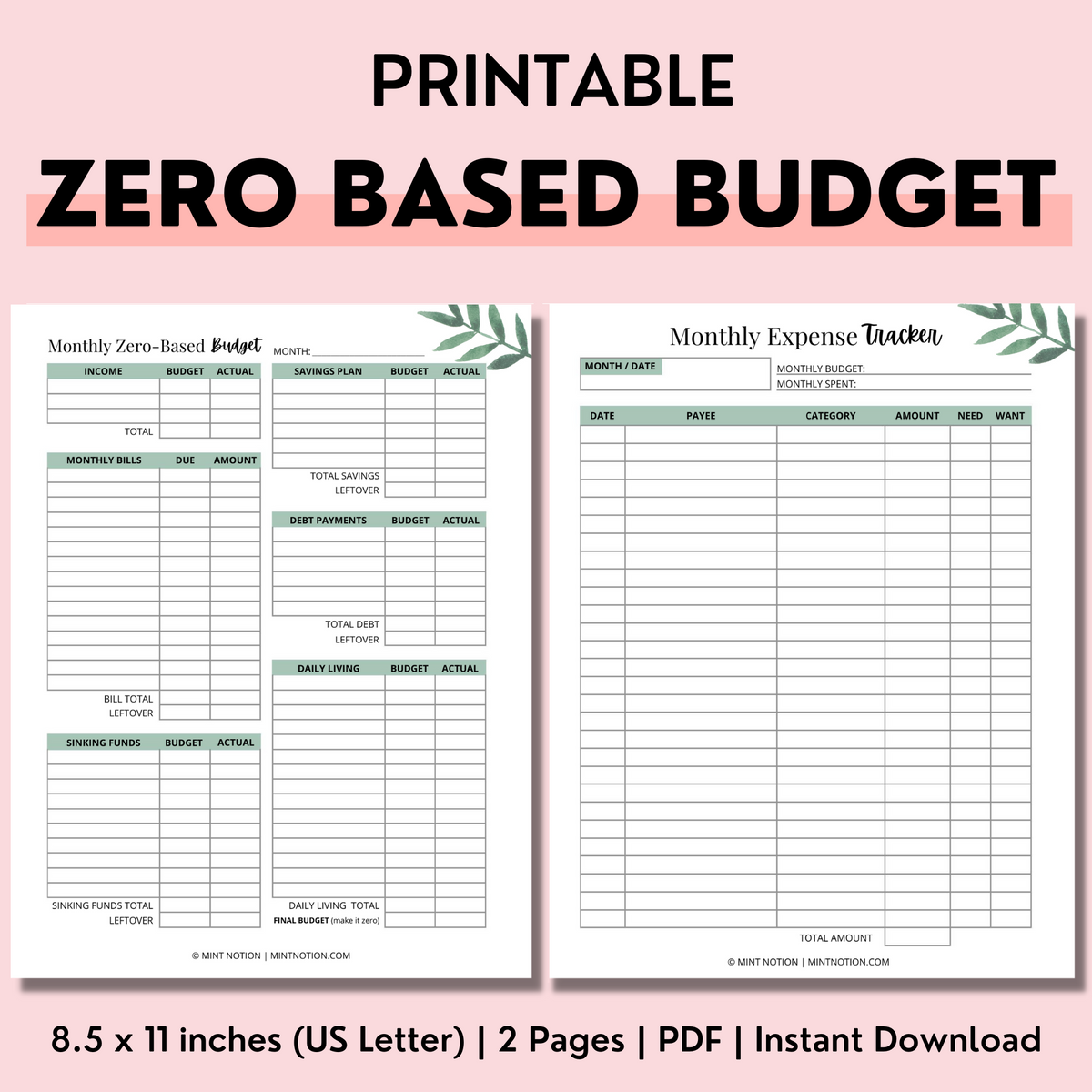 ZeroBased Budget (Printable) Mint Notion Shop
