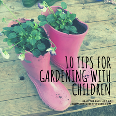10 tips for gardening with children background image of pink wellies with violas