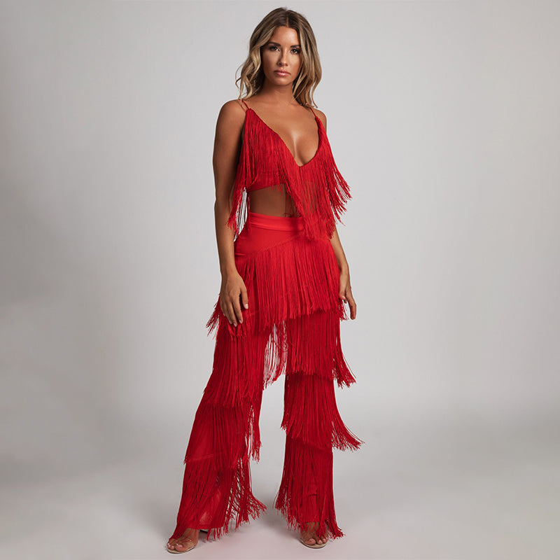 red fringe two piece set