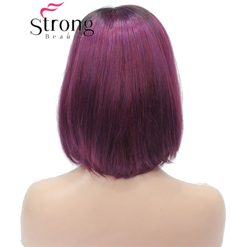 Strongbeauty Angled Bob Wig Ombre Deep Purple Dark Root Midnight Berry Synthetic Fiber Short Wigs