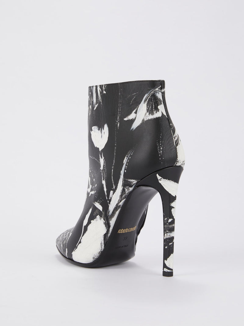 Black Floral Paint Leather Ankle Boots 