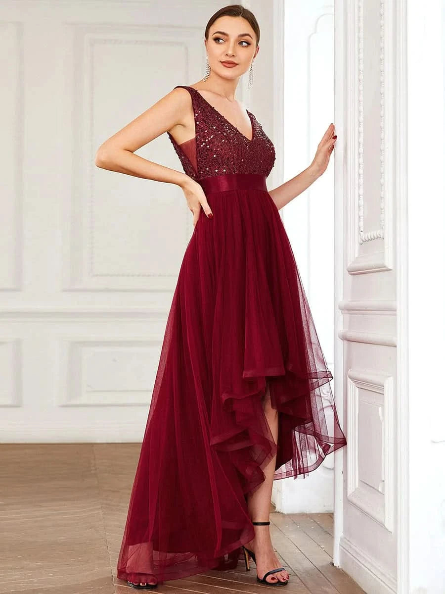 Größe Nach Maß V-Ausschnitt Tulle high-low Paillettenkleider Sleeveless Abendkleider