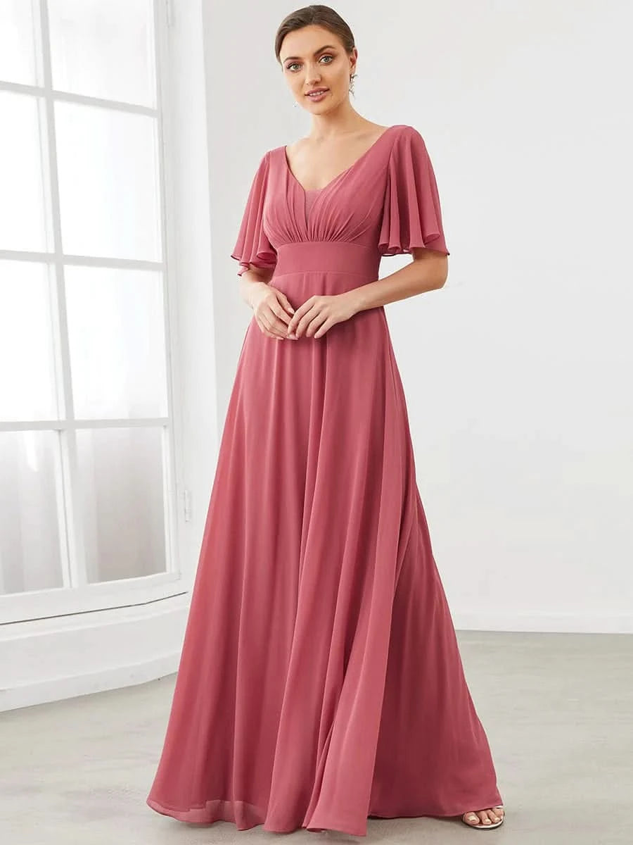 Größe Nach Maß Kleid für die Brautmutter mit V-Ausschnitt und FlatterÄrmeln aus Chiffon