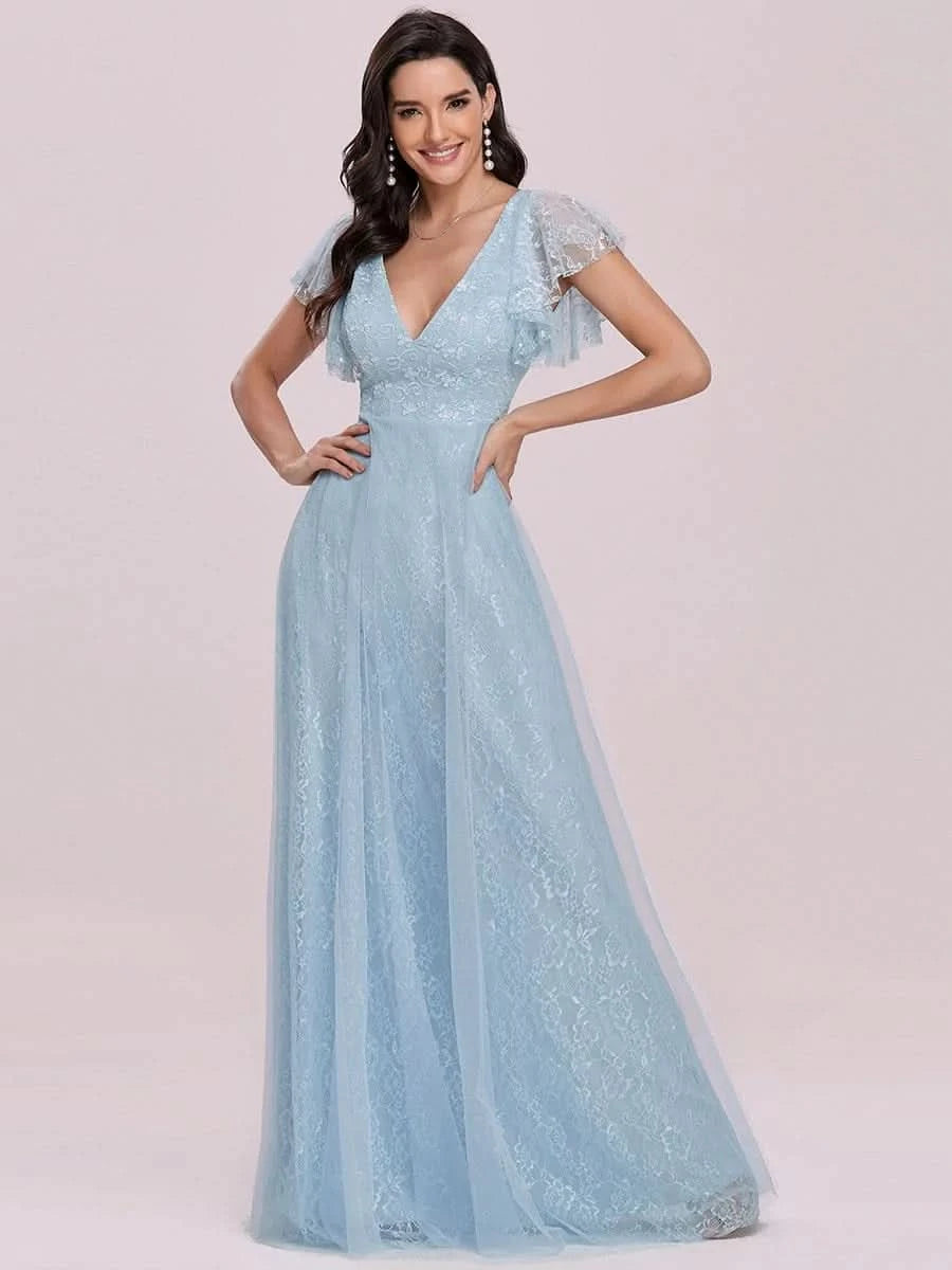 Größe Nach Maß V-Ausschnitt Empire-Taille Blumenspitze Hochzeit Brautjungfernkleid