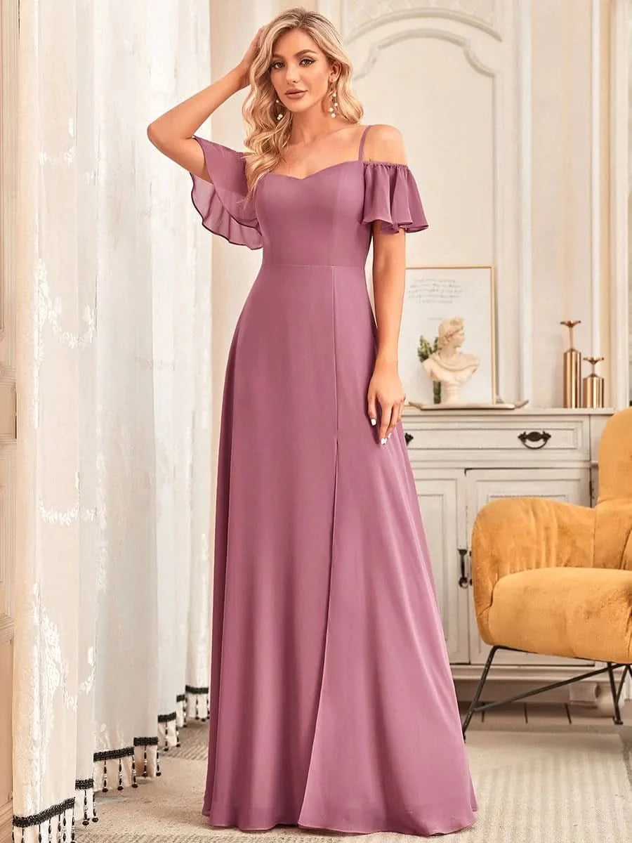 Größe Nach Maß Stilvolles bodenlanges Brautjungfernkleid mit kalter Schulter und seitlichem Schlitz