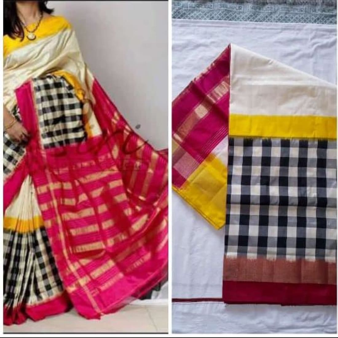 Pochampally ikkat white with pink and yellow handwoven pure silk ...