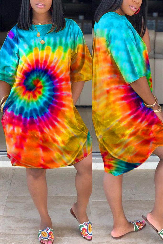 Plus Size Tie Dye Pocket Casual Dress 