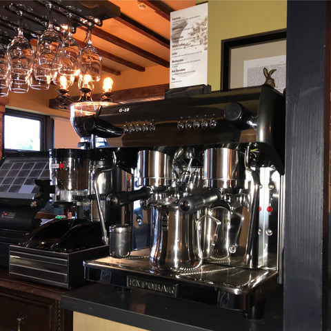 Expobar G10 2 Group Traditional Coffee Machine installed in Puckersley Inn with knockbox and grinder