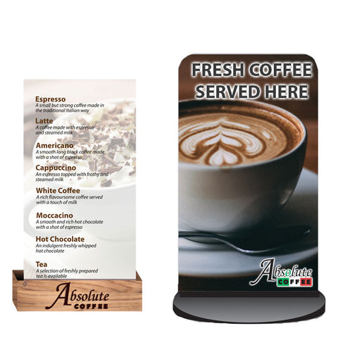 Absolute Drinks menu with wooden stand and a-board advertising fresh coffee