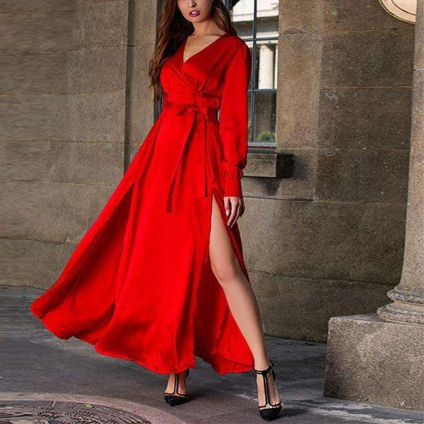 red silk dress with sleeves