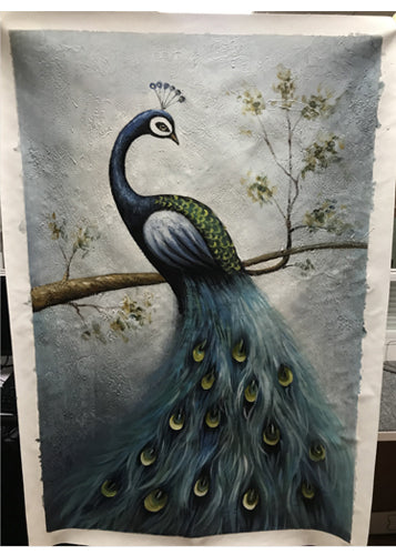 Hand Painted Canvas Art Smoky Blue Peacock