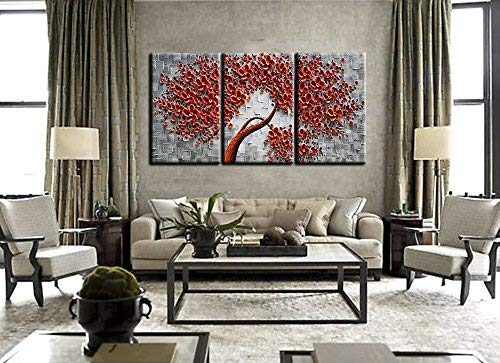 3 Piece Wall Paintings Red Flower Grey Textured Canvas Art Decor Famil Asdamart