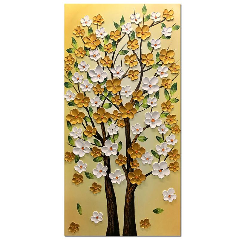 Vertical Gold And White Flower Tree Oil Painted Canvas Wall Art Asdamart