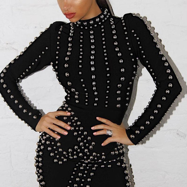 Black Studded Long Sleeve Mini Dress 