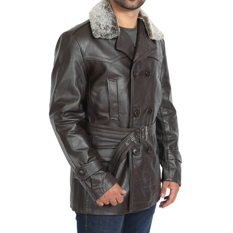 MENS REAL LEATHER MILITARY REEFER TRENCH COAT 