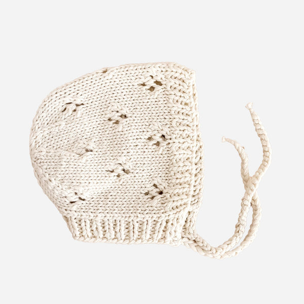 The Blueberry Hill - Lily Bonnet, Cream | Cotton Hand Knit Kids & Baby Hat - kennethodaniel