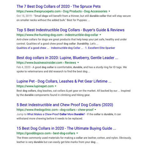 Google Search feature for durable dog collars