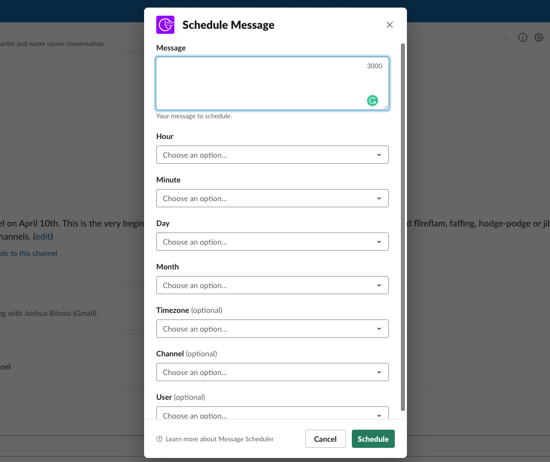 slack advanced message scheduler screenshot